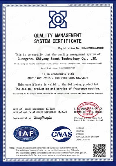 diffuseur de parfum pour hôtel fabricant SCENTA ISO certificate reference